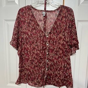 Converse Burgundy Patterned Sheer lightweight Blouse M tie waistboho detail trim